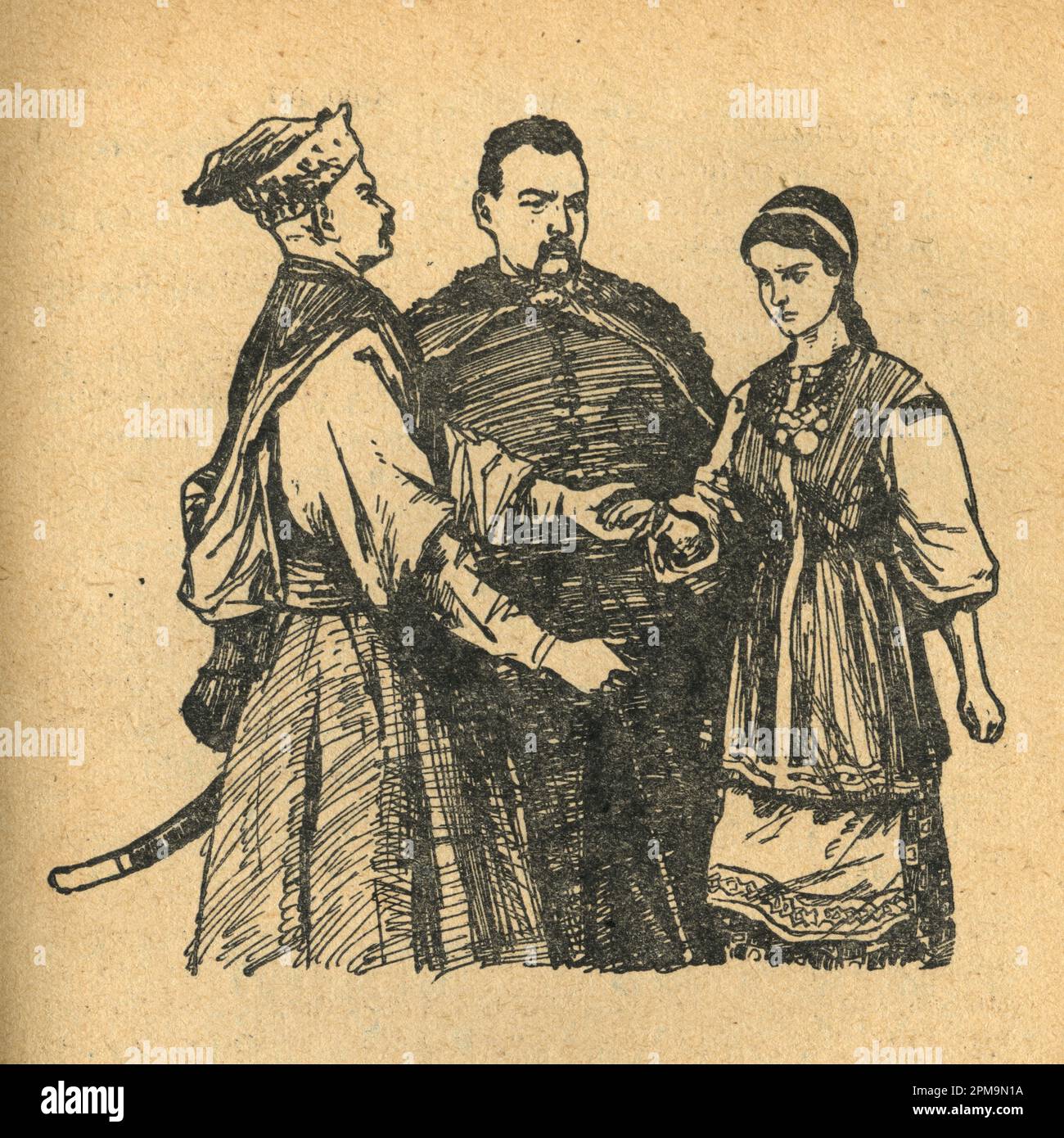 Illustrazione dal libro Bohdan Khmelnytskyi, M. Starytskyi. CIRCA 1648: Incontro amichevole Bogdan Khmelnitsky, Ivan Bohun, Ganna Zolotarenko. Ganna Z Foto Stock