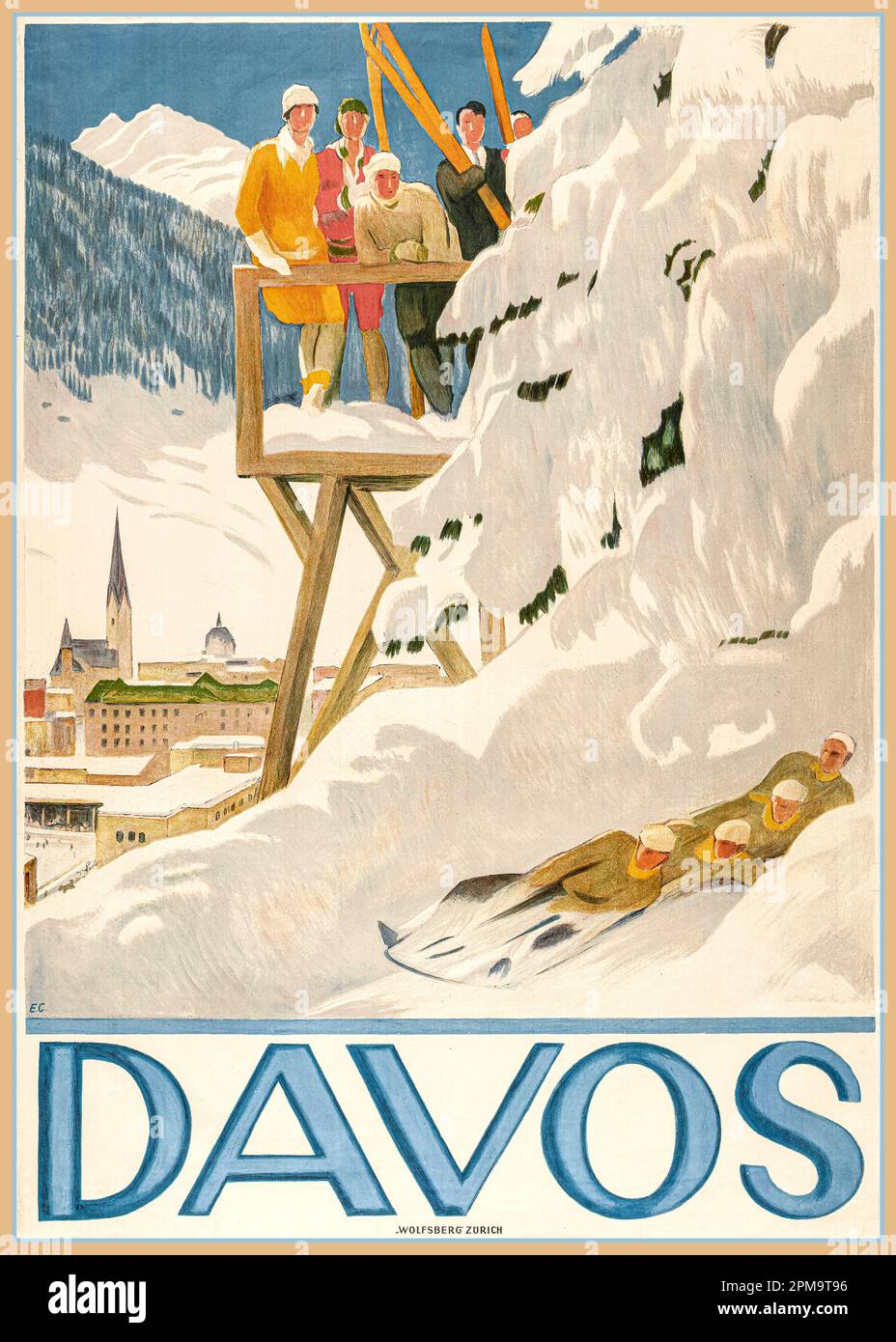 DAVOS Vintage 1918 Poster Sport invernali Davos Svizzera. Slittino / slittino / slitta con gli spettatori che guardano l'azione nella neve d'inverno 1918 di Emil Cardinaux litografia Wolfsburg Zurigo Svizzera Foto Stock