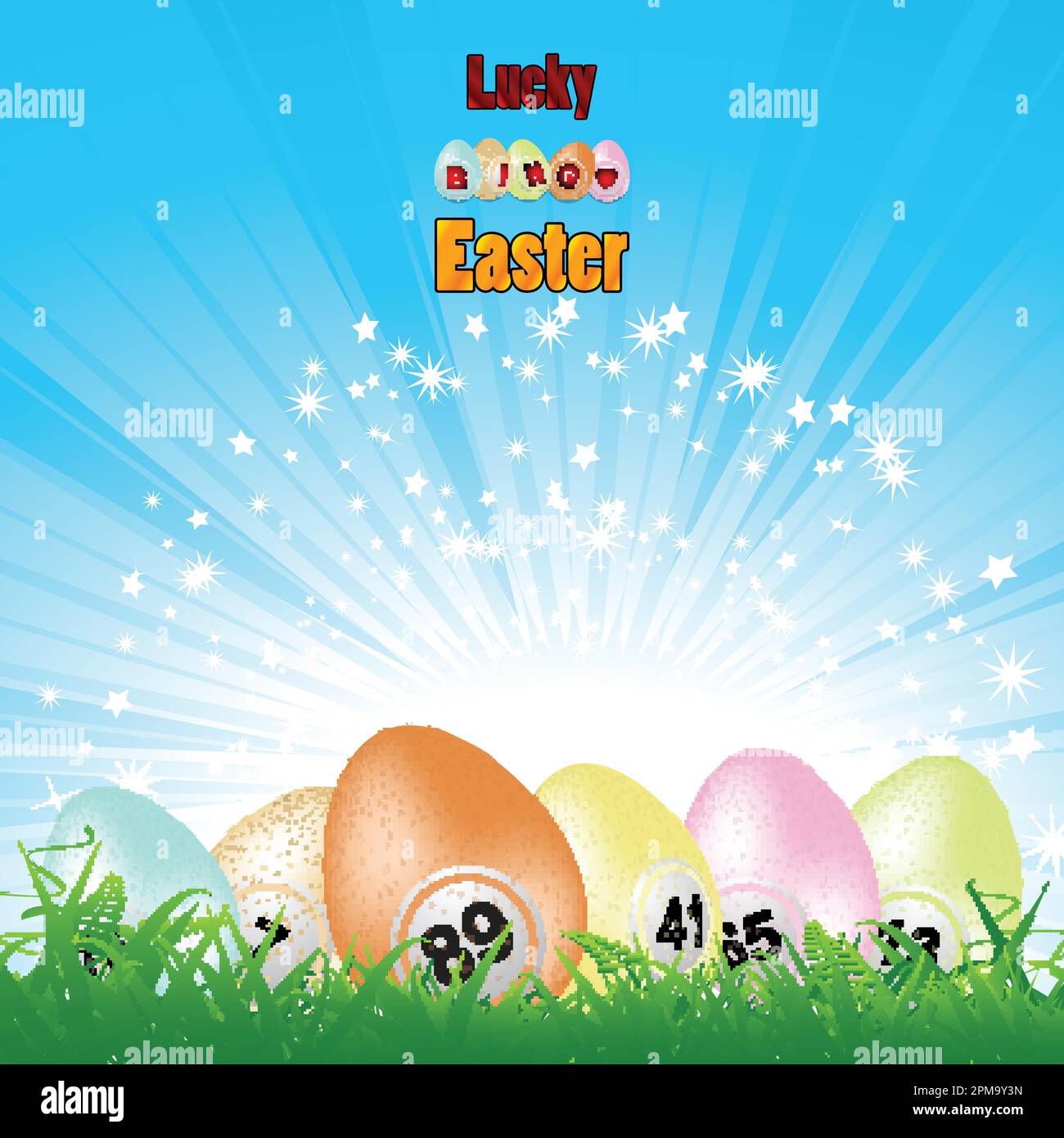 Lucky Bingo sfondo di Pasqua con uova di Pasqua come Bingo Balls Green Grass Blue Sky con Star Burst e testo decorativo Illustrazione Vettoriale