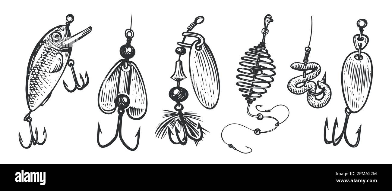 Esca di pesca. Esche da pesca e scottatori con ganci. Accessori, illustrazione vettoriale del set di apparecchiature Illustrazione Vettoriale