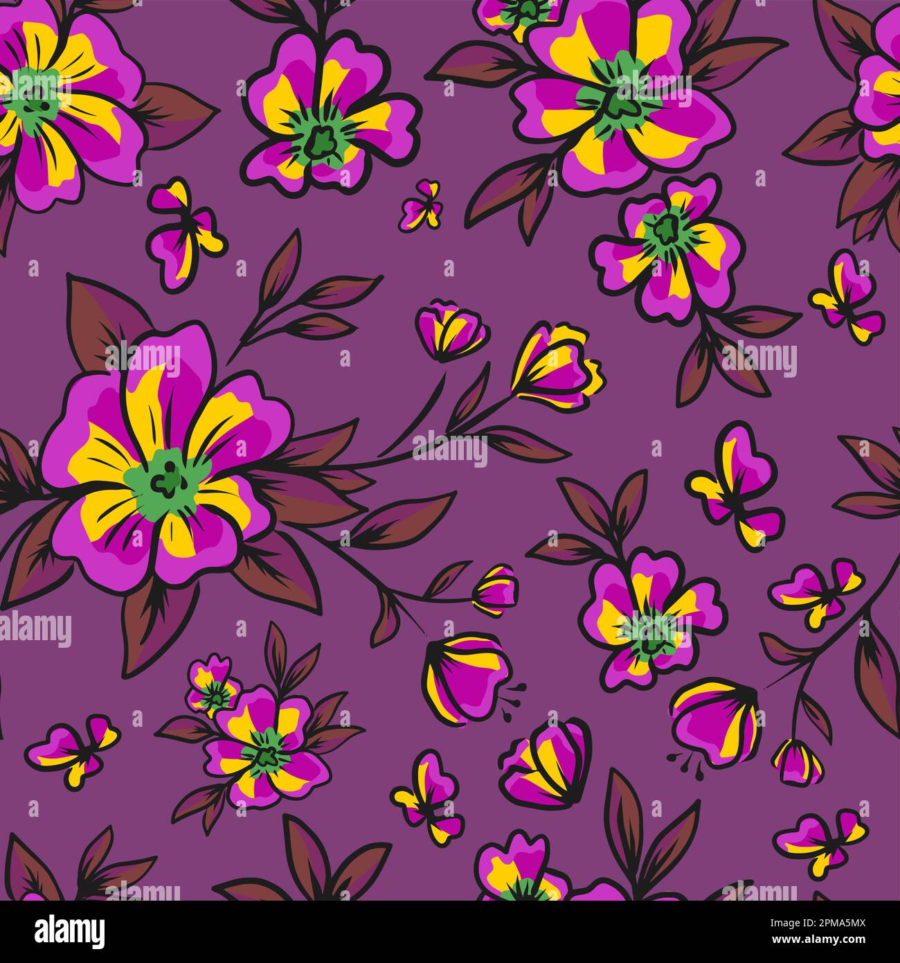 Motivo floreale. Sfondo scuro, fiori bianco, rosa, viola. Ideale per imballaggi, striscioni, cartoline. Semplice motivo senza giunture. Illustrazione Vettoriale