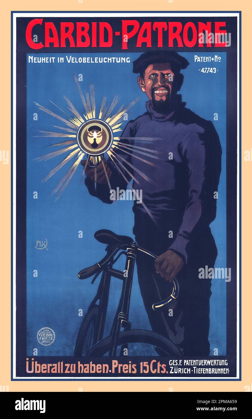 Poster pubblicitario Vintage 1900s per illuminazione di biciclette Lithograph CARBID PATRONE 'cartuccia in carburo - novità nell'illuminazione di biciclette' Zurigo artista svizzero Paul Krawutschke (1865–1929) Foto Stock