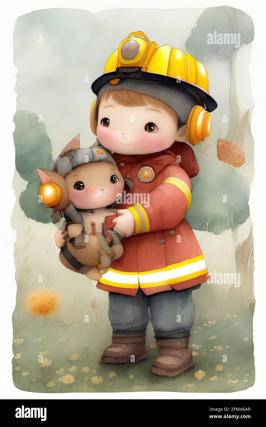 Un'illustrazione della ragazza del cartone animato che indossa l'uniforme tradizionale del vigile del fuoco ed un casco, che tiene un giocattolo in mano in uno stile di pittura di acquerello Foto Stock