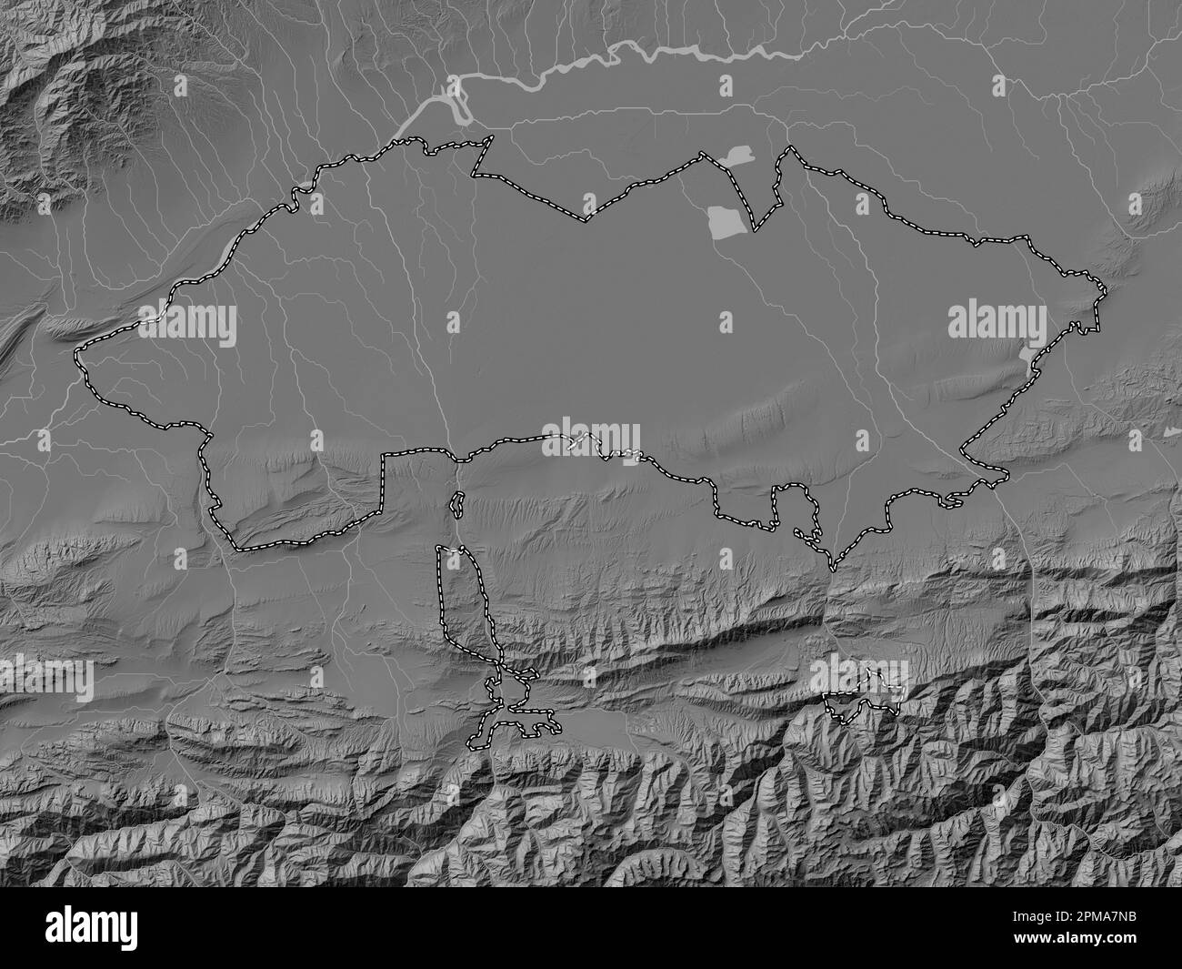Ferghana, regione dell'Uzbekistan. Mappa altimetrica bilivello con laghi e fiumi Foto Stock