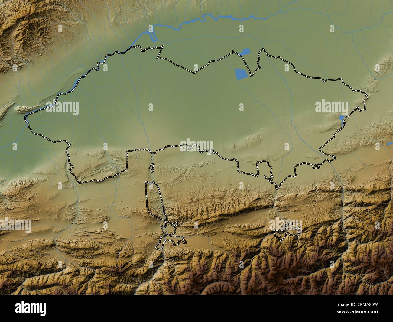 Ferghana, regione dell'Uzbekistan. Mappa di altitudine colorata con laghi e fiumi Foto Stock