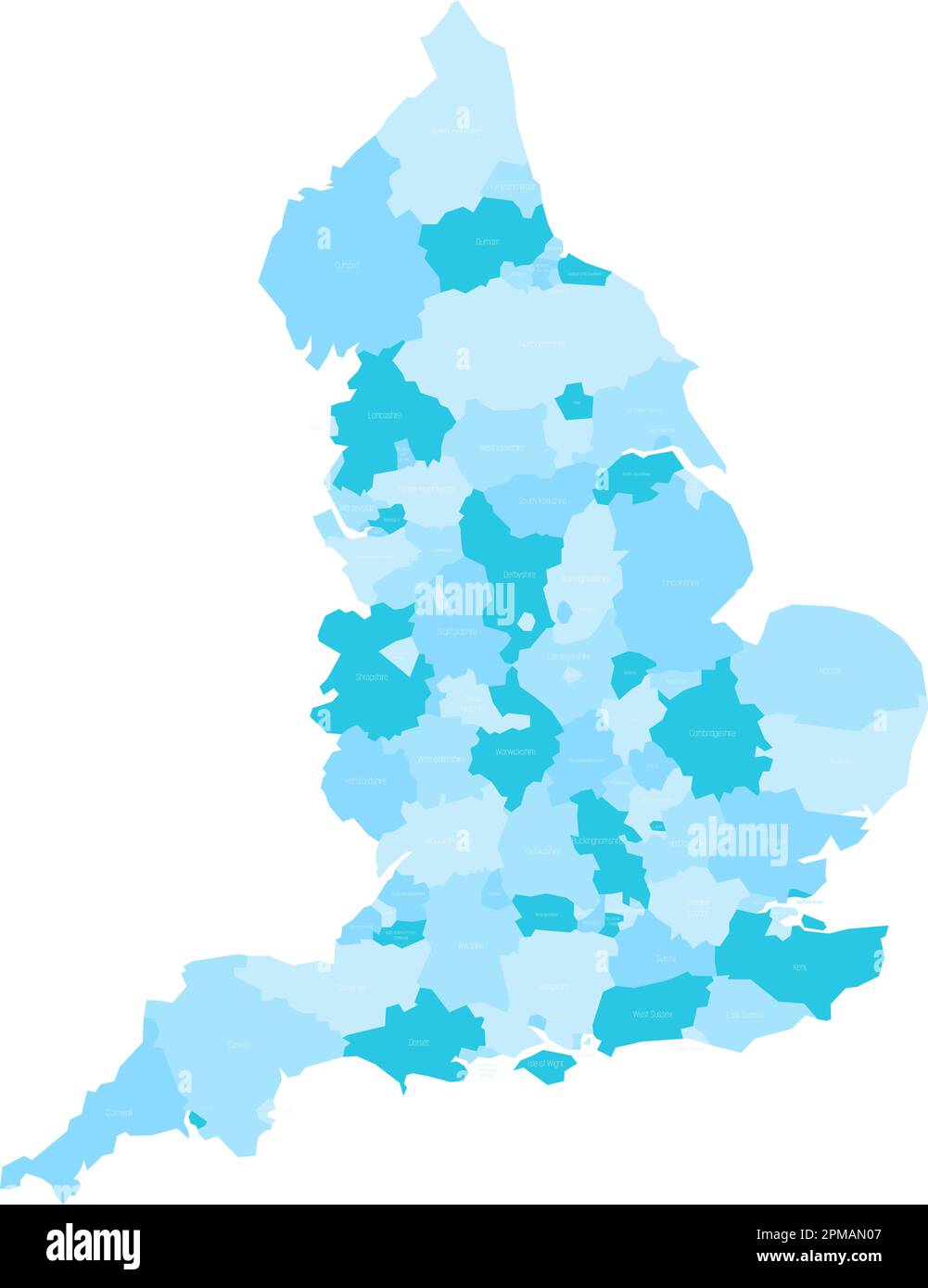 Mappa delle divisioni amministrative dell'Inghilterra. Contee metropolitane e non metropolitane e autorità unitarie. Mappa vettoriale blu con etichette. Illustrazione Vettoriale