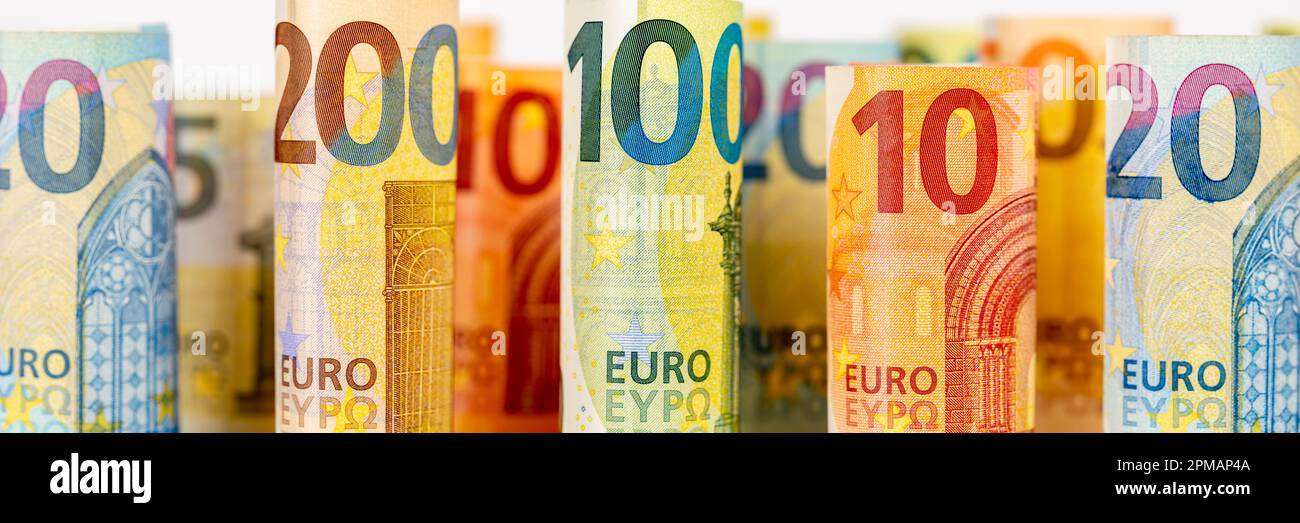 Banconote in euro conto risparmio denaro sfondo pagamento panorama finanze banconote in euro ricco Foto Stock
