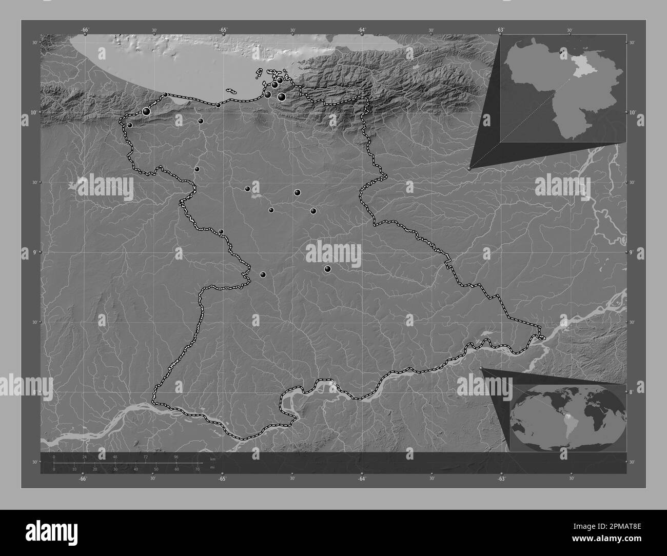 Anzoategui, stato del Venezuela. Mappa altimetrica bilivello con laghi e fiumi. Posizioni delle principali città della regione. Mappe delle posizioni ausiliarie degli angoli Foto Stock