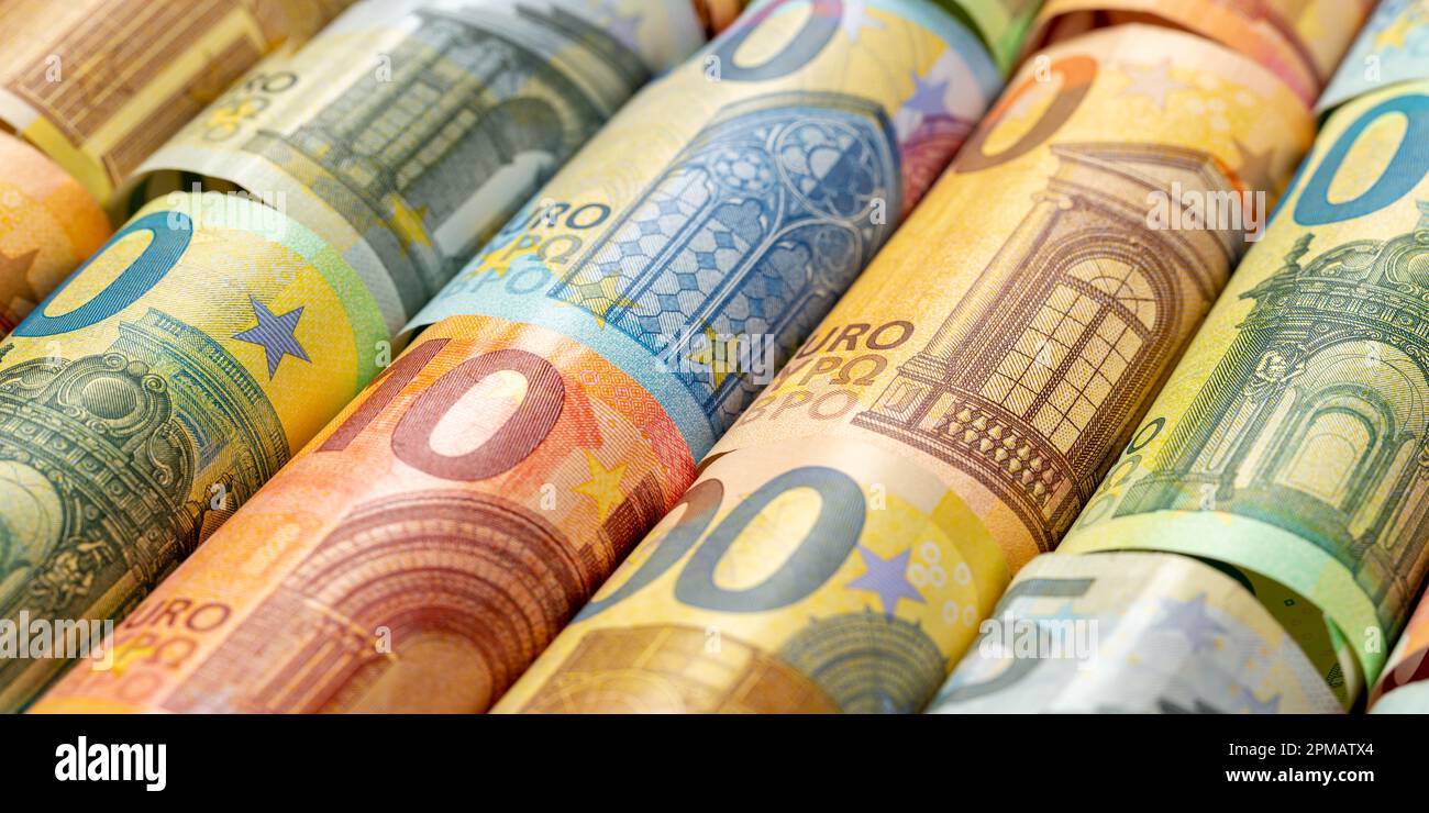 Banconote in euro conto risparmio denaro sfondo pagare finanze banner banconote in euro ricco Foto Stock