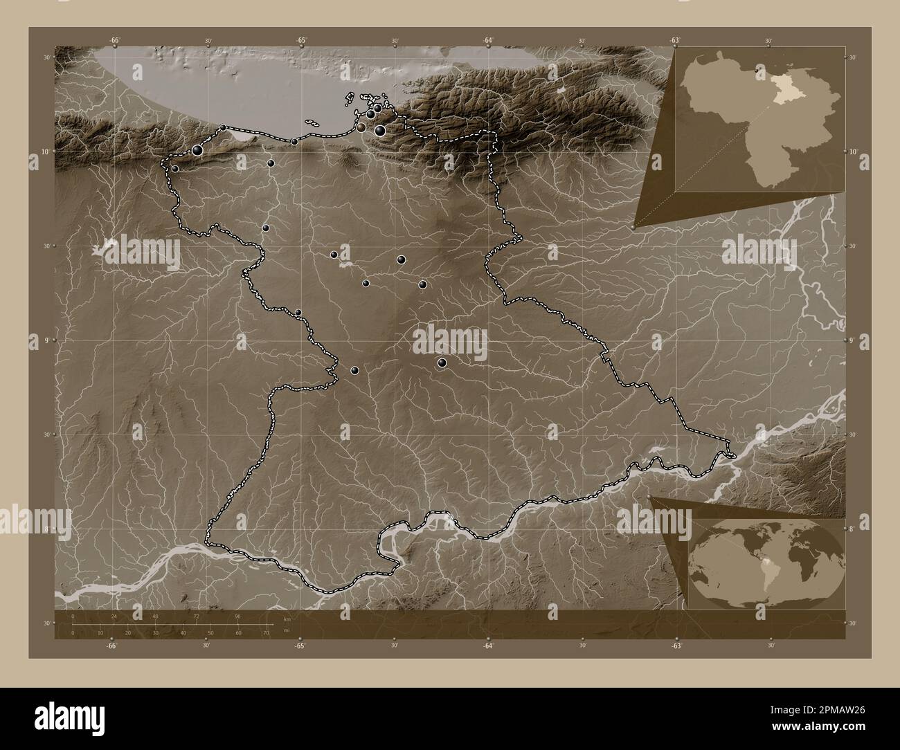 Anzoategui, stato del Venezuela. Mappa dell'altitudine colorata in tonalità seppia con laghi e fiumi. Posizioni delle principali città della regione. Angolo ausiliario Foto Stock