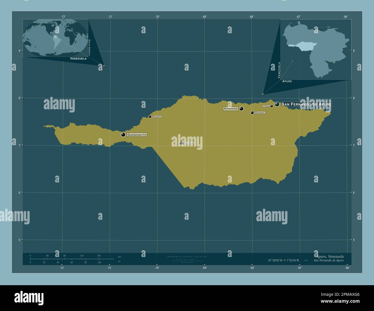 Apure, stato del Venezuela. Forma a tinta unita. Località e nomi delle principali città della regione. Mappe delle posizioni ausiliarie degli angoli Foto Stock