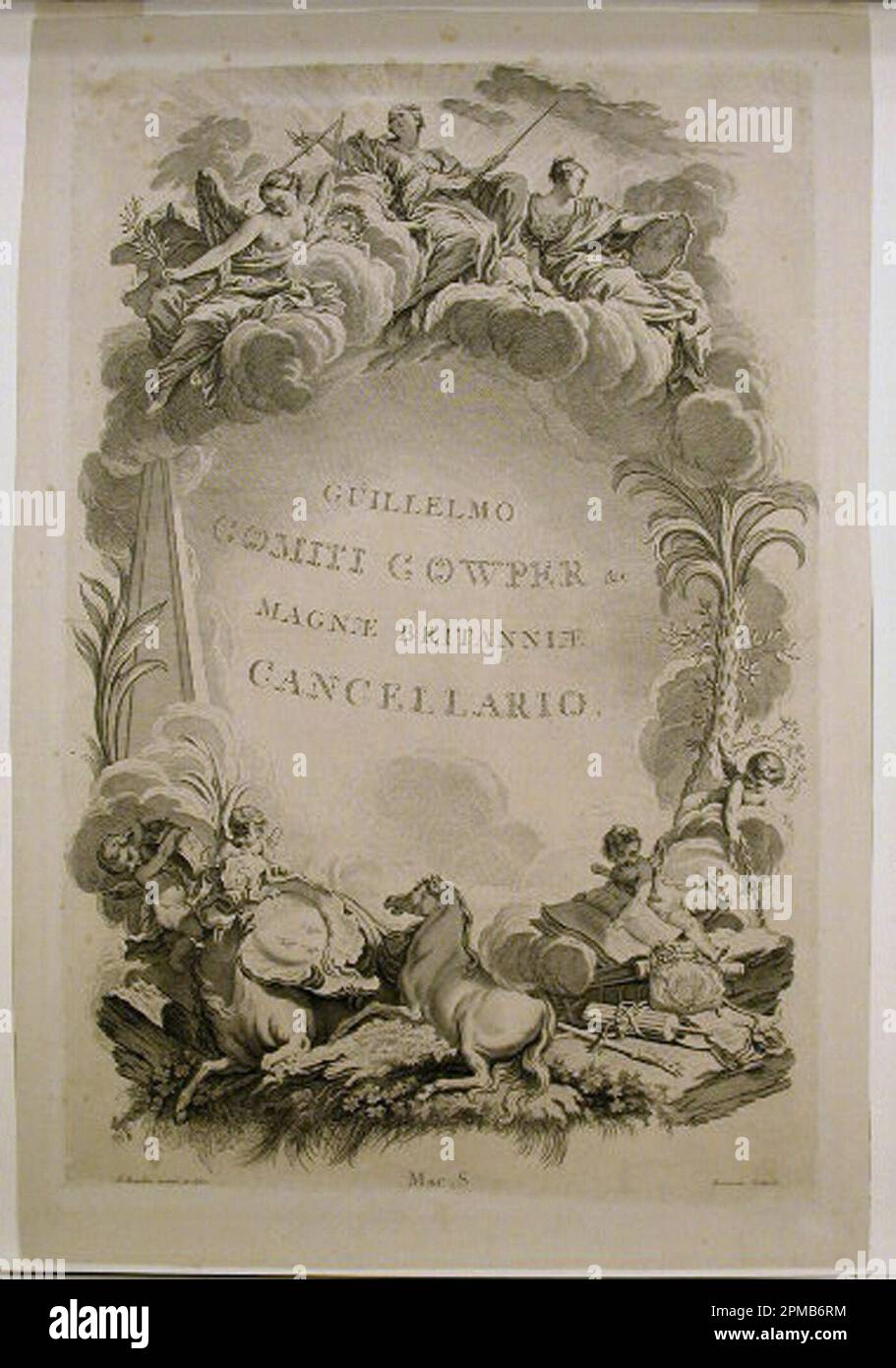 Stampa, memoria di William Earl Cowper; progettato da Franois Boucher (francese, 1703–1770); Print Maker: Nicolas Dauphin Beauvais; Francia; incisione su carta crema; foglio: 62,3 x 41,6 cm (24 1/2 x 16 3/8 poll.) Foto Stock