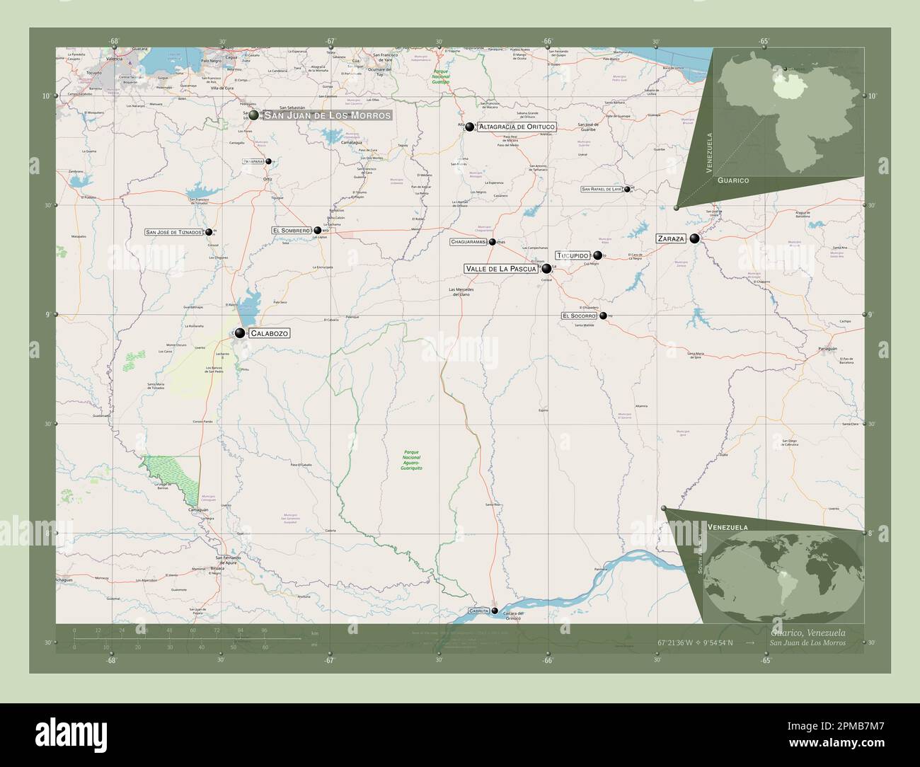 Guarico, stato del Venezuela. Aprire la mappa stradale. Località e nomi delle principali città della regione. Mappe delle posizioni ausiliarie degli angoli Foto Stock