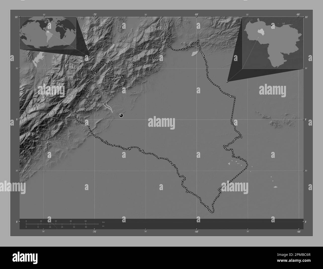 Portuguesa, Stato del Venezuela. Mappa altimetrica bilivello con laghi e fiumi. Mappe delle posizioni ausiliarie degli angoli Foto Stock
