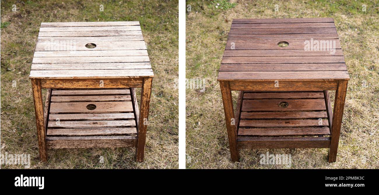 Vecchio tavolo da giardino in legno stagionato prima sulla sinistra e tavolo macchiato di fresco dopo sulla destra. All'aperto nel giardino di casa. Foto Stock