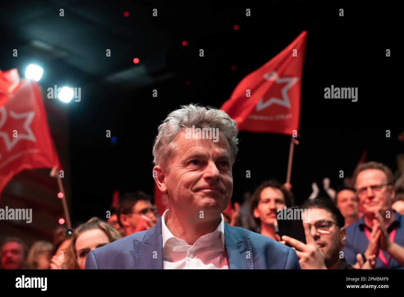 Fabien Roussel è visto prima di consegnare il suo discorso dopo essere stato rieletto come Segretario Nazionale del Partito Comunista Francese (PCF). Il 39th° Congresso del Partito Comunista Francese (PCF) si è svolto a Marsiglia dal 7 al 10 aprile 2023. Riconquista Fabien Roussel come suo leader. Foto Stock