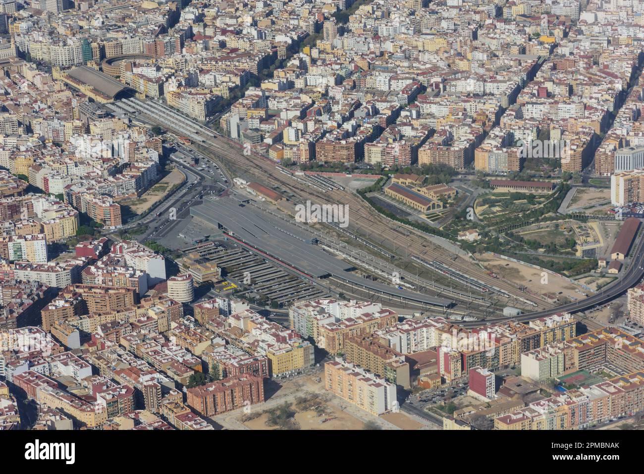 Valencia, Luftbild, Bahnhof Estacion Norte und Central Park // Valencia, vista aerea, stazione ferroviaria nord e Central Park Foto Stock