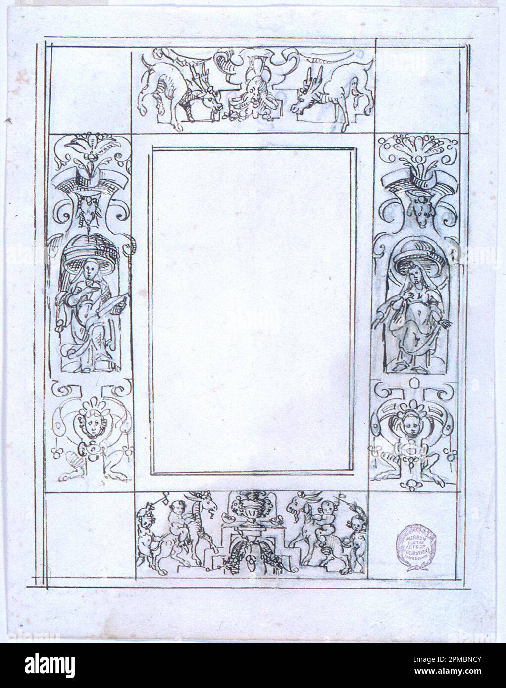 Disegno, progetto: Decorazione per un pannello; Italia; penna e inchiostro, carbone, su carta; 24,8 x 19,1 cm (9 3/4 x 7 1/2 pollici) Foto Stock