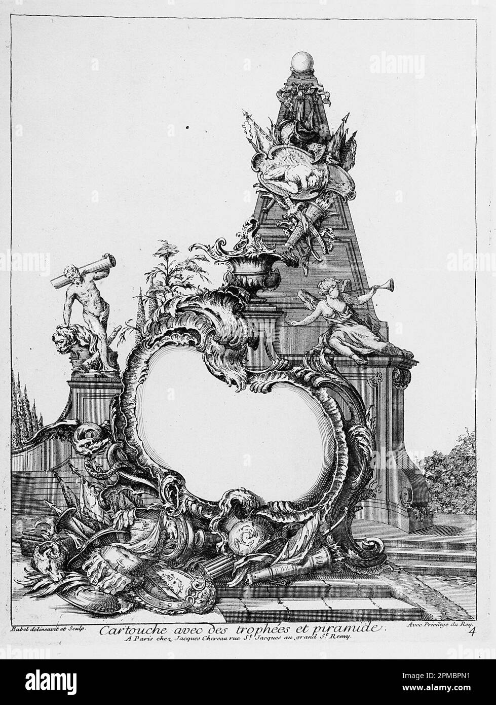 Print, Cartouche avec des trophées et piramide; Designed by Pierre Edme Babel (French, 1720–1775); Published by Jacques Chéreau (French, 1688–1776); France; incisione su carta steso biancastra; Sheet: 34,2 x 22,7 cm (13 7/16 x 8 15/16 in.) Platemark: 28,1 x 18,7 cm (11 1/16 x 7 3/8 pollici) Foto Stock