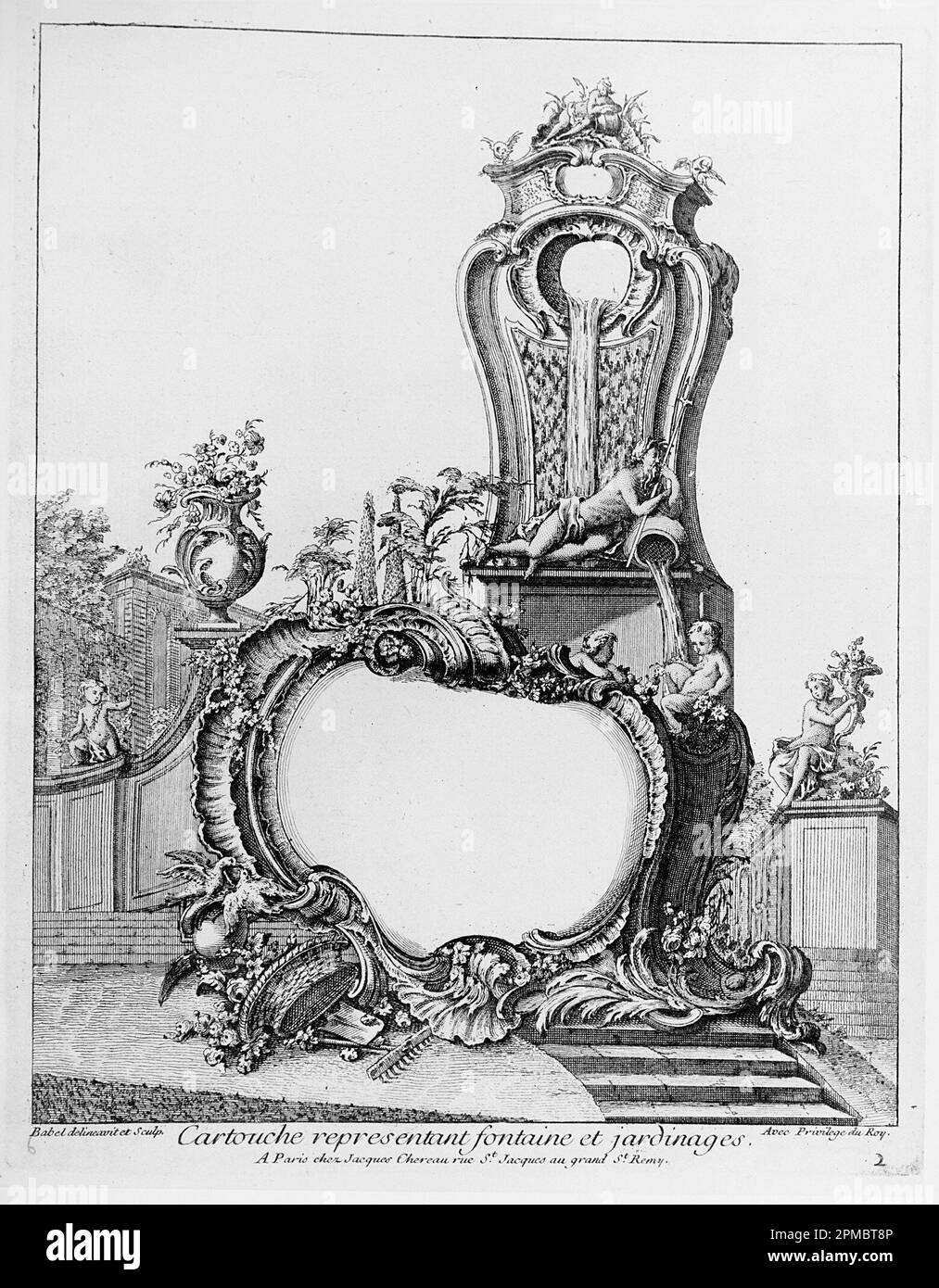 Stampa, Cartouche con una fontana in un giardino impostazione sullo sfondo; progettato da Pierre Edme Babel (francese, 1720–1775); pubblicato da Jacques Chéreau (francese, 1688–1776); Francia; incisione su carta quasi bianca; foglio: 34,3 x 22,5 cm (13 1/2 x 8 7/8 pollici) Platemark: 28 x 18 cm (11" x 7 1/16 poll.) Foto Stock