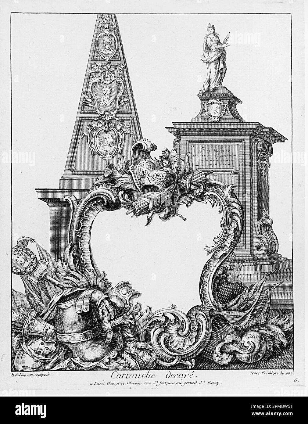 Stampa, Cartouche decoré; disegnato da Pierre Edme Babel (francese, 1720–1775); pubblicato da Jacques Chéreau (francese, 1688–1776); Francia; incisione su carta quasi bianca; foglio: 34,2 x 28,5 cm (13 7/16 x 11 1/4 pollici) Platemark: 28,5 x 18,8 cm (11 1/4 x 7 3/8 pollici) Foto Stock