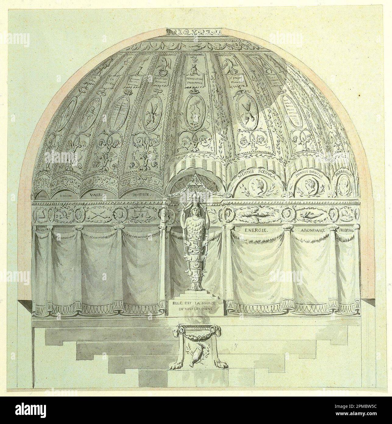 Disegno, Camera del Consiglio semicircolare dedicata alla natura con suggerimenti alternativi; sconosciuta; Francia; inchiostro grigio e penna, grafite, grigio, rosa; 35,7 x 35,7 cm (14 1/16 x 14 1/16 pollici) Foto Stock