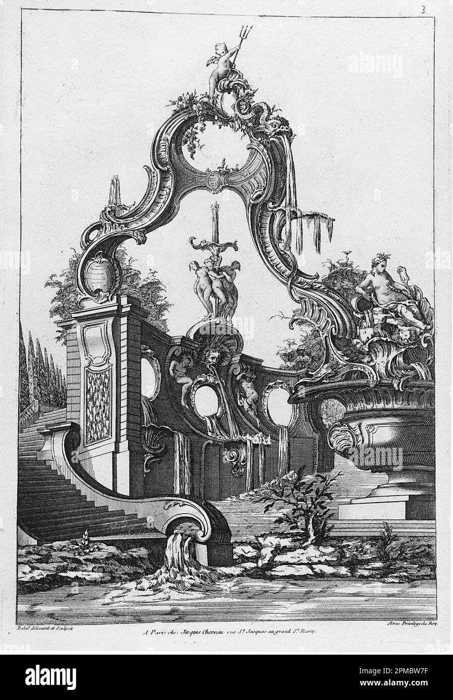 Stampa, Arco di Rocaille e Fontana con tre grazie; disegnato da Pierre Edme Babel (francese, 1720–1775); pubblicato da Jacques Chéreau (francese, 1688–1776); Francia; incisione su carta steso biancata; foglio: 34,4 x 23,5 cm (13 9/16 x 9 1/4 pollici) Platemark: 28,3 x 19 cm (11 1/8 x 7 1/2 pollici) Foto Stock