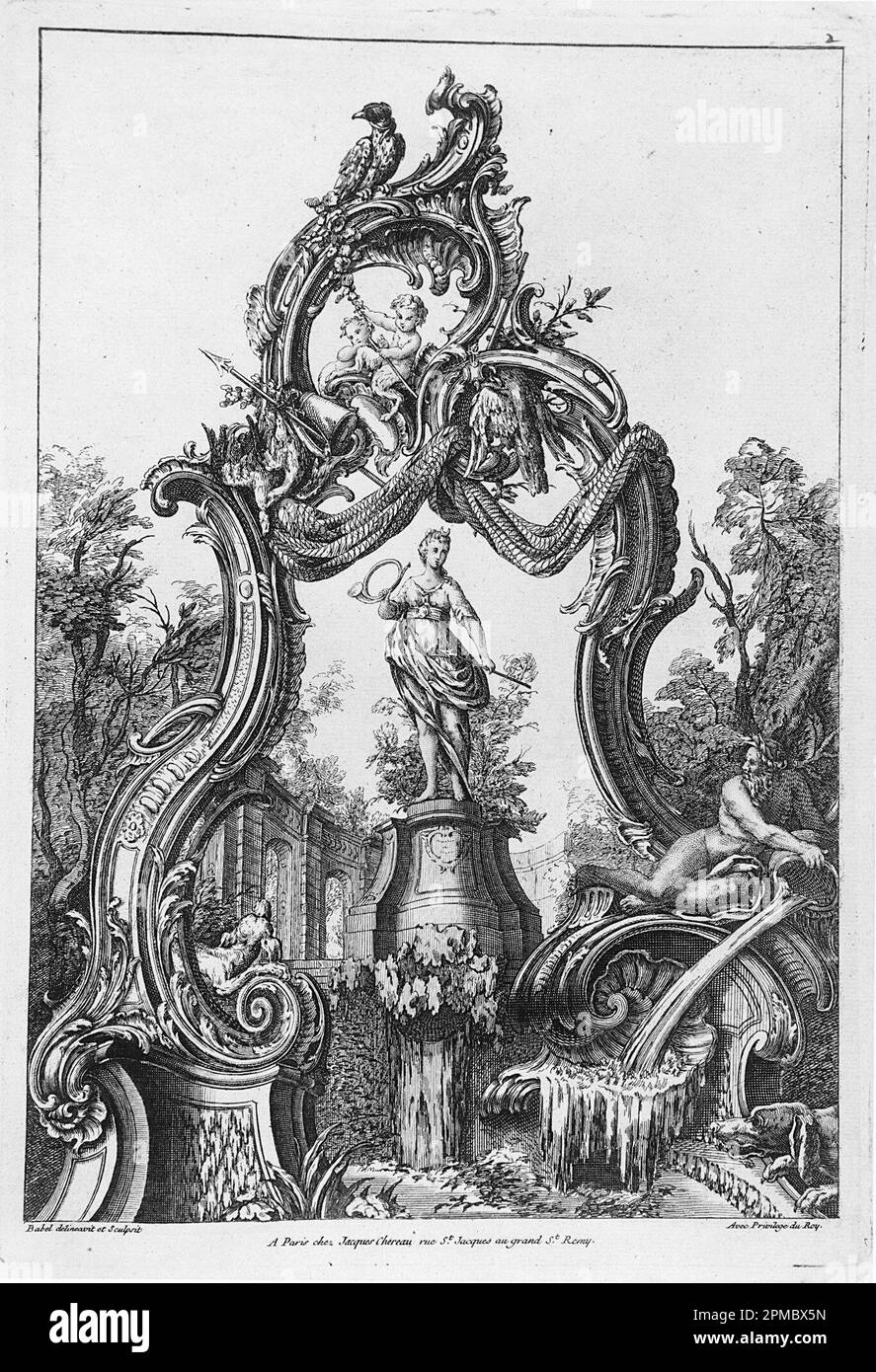 Stampa, Arco di Rocaille e Fontana con Diana; disegnato da Pierre Edme Babel (francese, 1720–1775); pubblicato da Jacques Chéreau (francese, 1688–1776); Francia; incisione su carta quasi bianca; foglio: 34,3 x 22,8 cm (13 1/2 pollici) x 9 poll.) Platemark: 28,5 x 19 cm (11 1/4 x 7 1/2 pollici) Foto Stock