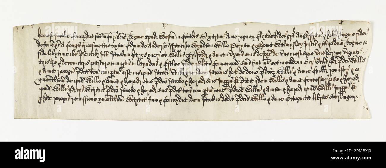 Calligrafia, Sezione di un atto per la terra; Inghilterra; penna e inchiostro nero su pergamena; 10,3 x 37,9 cm (4 1/16 x 14 15/16 pollici) Foto Stock