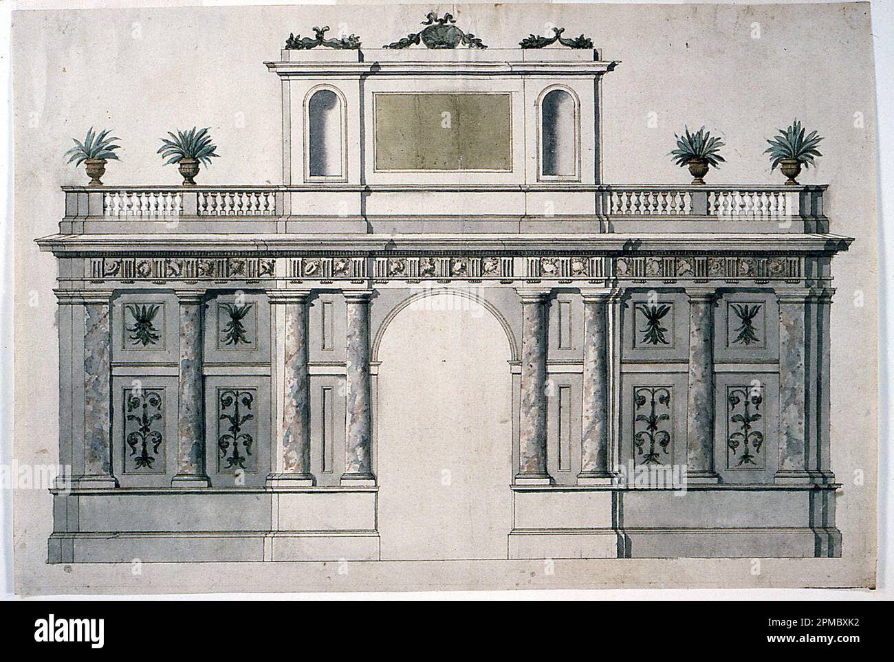 Disegno, progetto per un'elevazione dell'architettura del giardino (ingresso a una villa o giardino); architetto: Sconosciuto (italiano); Italia; inchiostro marrone e penna, pennello e acquerello, gesso nero su carta bianca; 37,5 x 54,8 cm (14 3/4 x 21 9/16 in.) Foto Stock