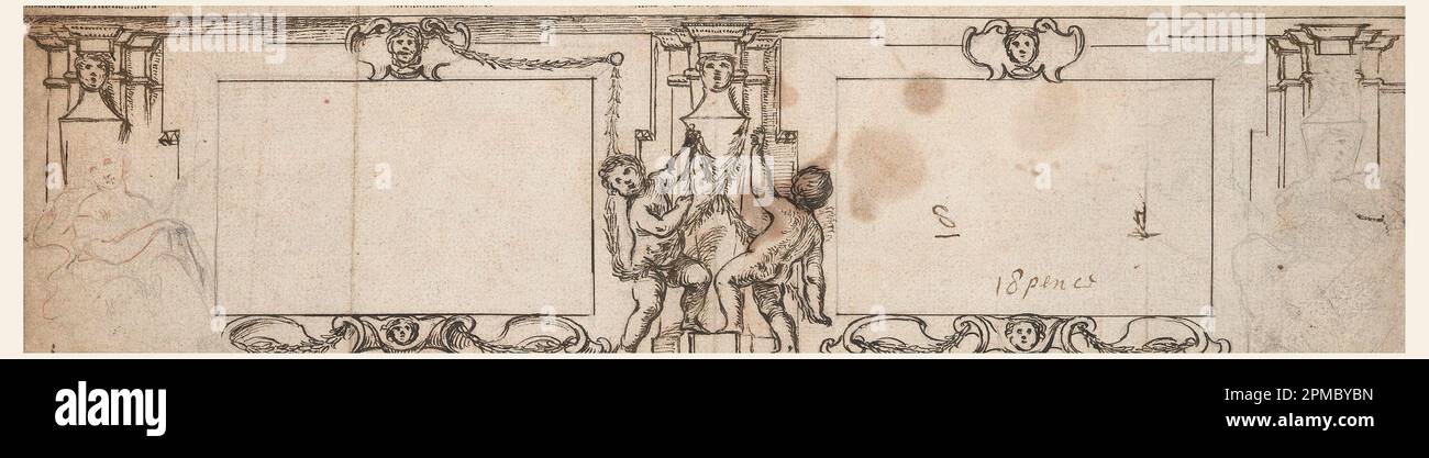 Disegno, progetto per la pannellatura intagliata; Giovanni Francesco Romanelli (1610–1662); Italia; inchiostro nero e marrone, grafite, gesso rosso su carta; 10,1 x 39,2 cm (4 x 15 7/16 pollici) Foto Stock