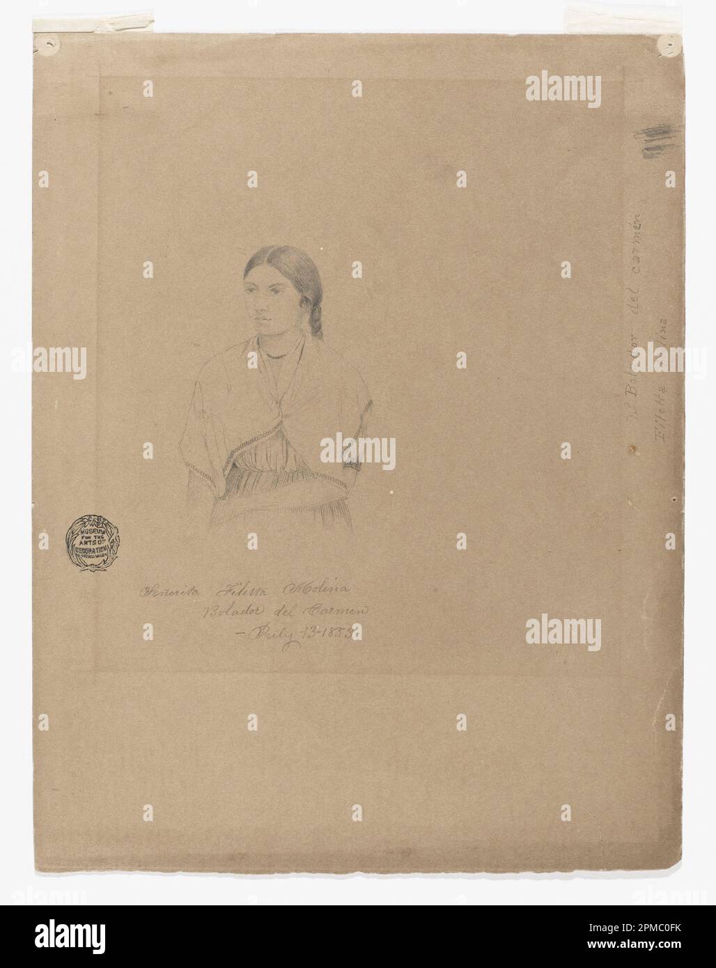 Disegno, Ritratto di una ragazza boliviana: Senorita Filetta Molina Bolador del Carmen, Colombia; Chiesa di Frederic Edwin (americana, 1826–1900); Colombia; grafite su carta di colza marrone; foglio: 30 x 23,4 cm (11 13/16 x 9 3/16 poll.) Foto Stock