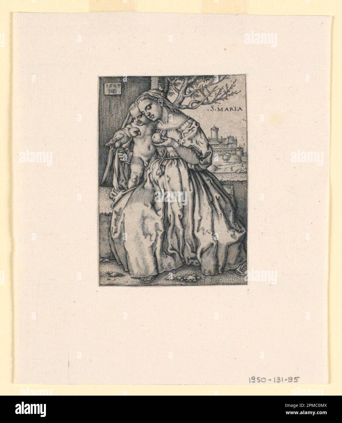 Stampa, Vergine e Bambino con pappagallo; Print Maker: Hans Sebald Beham (tedesco, 1500–1550); incisione su carta quasi bianca Foto Stock