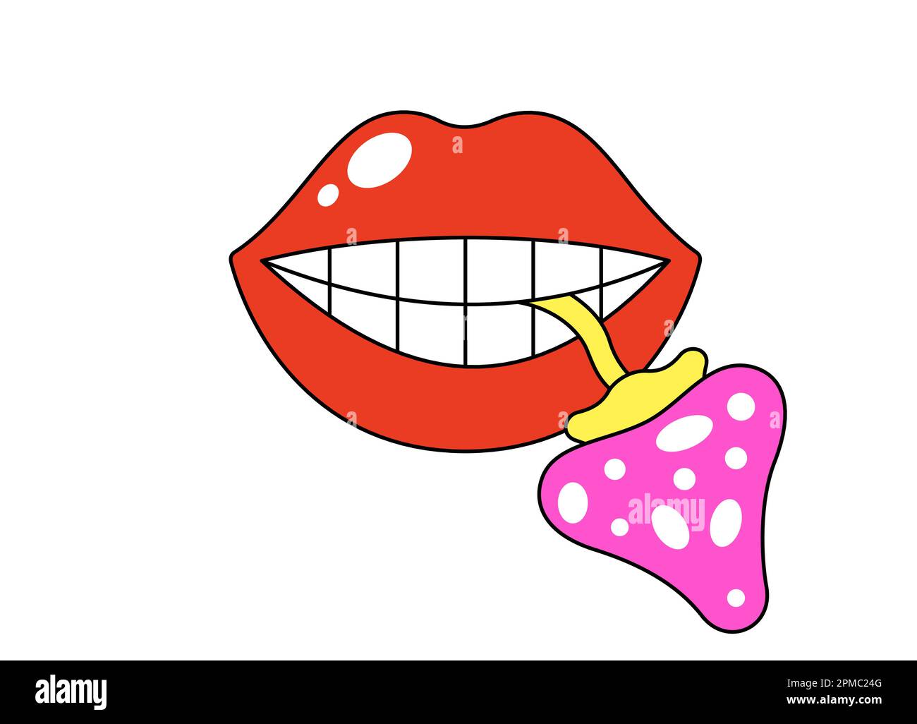 Fungo grovy retrò in bocca. Pazzo hippy labbra rosse e volare agarico. Fumetto femminile funky psichedelico labbro. Stampa vintage nostalgica di adesivi hippie. Trendy hipster Y2K pop art patch. eps isolato da vettore Illustrazione Vettoriale