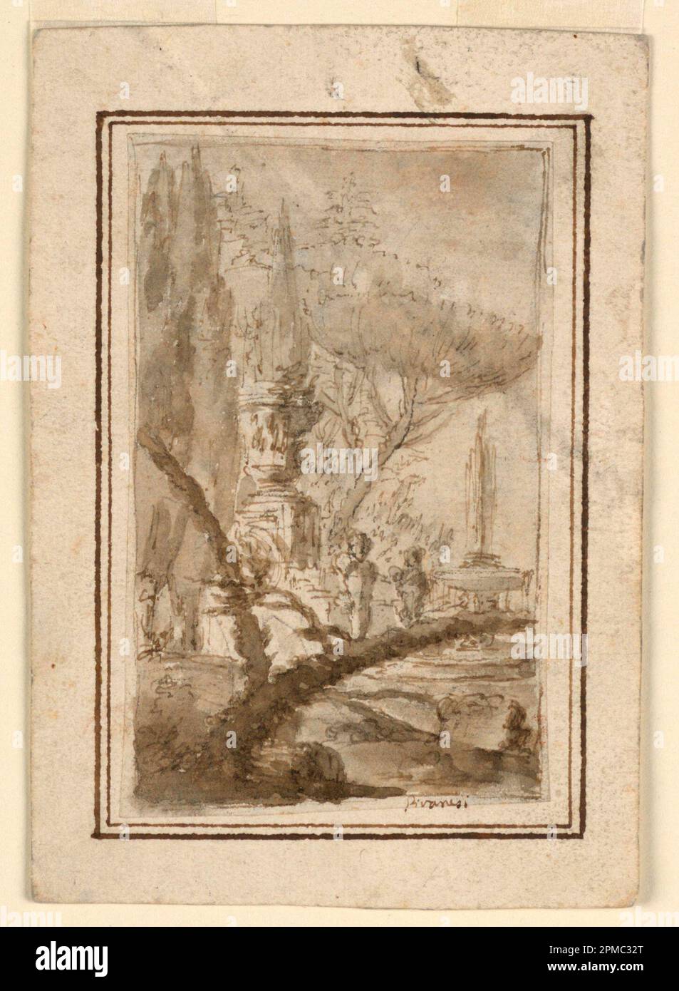 Disegno, fantasia di un giardino con un Urno Monumentale, sculture e Fontana; Giovanni Battista Piranesi (italiano, 1720-1778); Italia; inchiostro marrone e nero, lavaggio marrone, bordi rigati in penna e marrone su carta bianca deposta su carta deposta bianca; 12,5 x 7,9 cm (4 15/16 x 3 1/8 pollici) Montaggio: 16,0 x 11,1 tappetino: 45,7 x 35,6 cm (18 x 14 pollici) Foto Stock Disegno, fantasia di un giardino con un Urno Monumentale, sculture e Fontana; Giovanni Battista Piranesi (italiano, 1720-1778); Italia; inchiostro marrone e nero, lavaggio marrone, bordi rigati in penna e marrone su carta bianca deposta su carta deposta bianca; 12,5 x 7,9 cm (4 15/16 x 3 1/8 pollici) Montaggio: 16,0 x 11,1 tappetino: 45,7 x 35,6 cm (18 x 14 pollici) Foto Stock