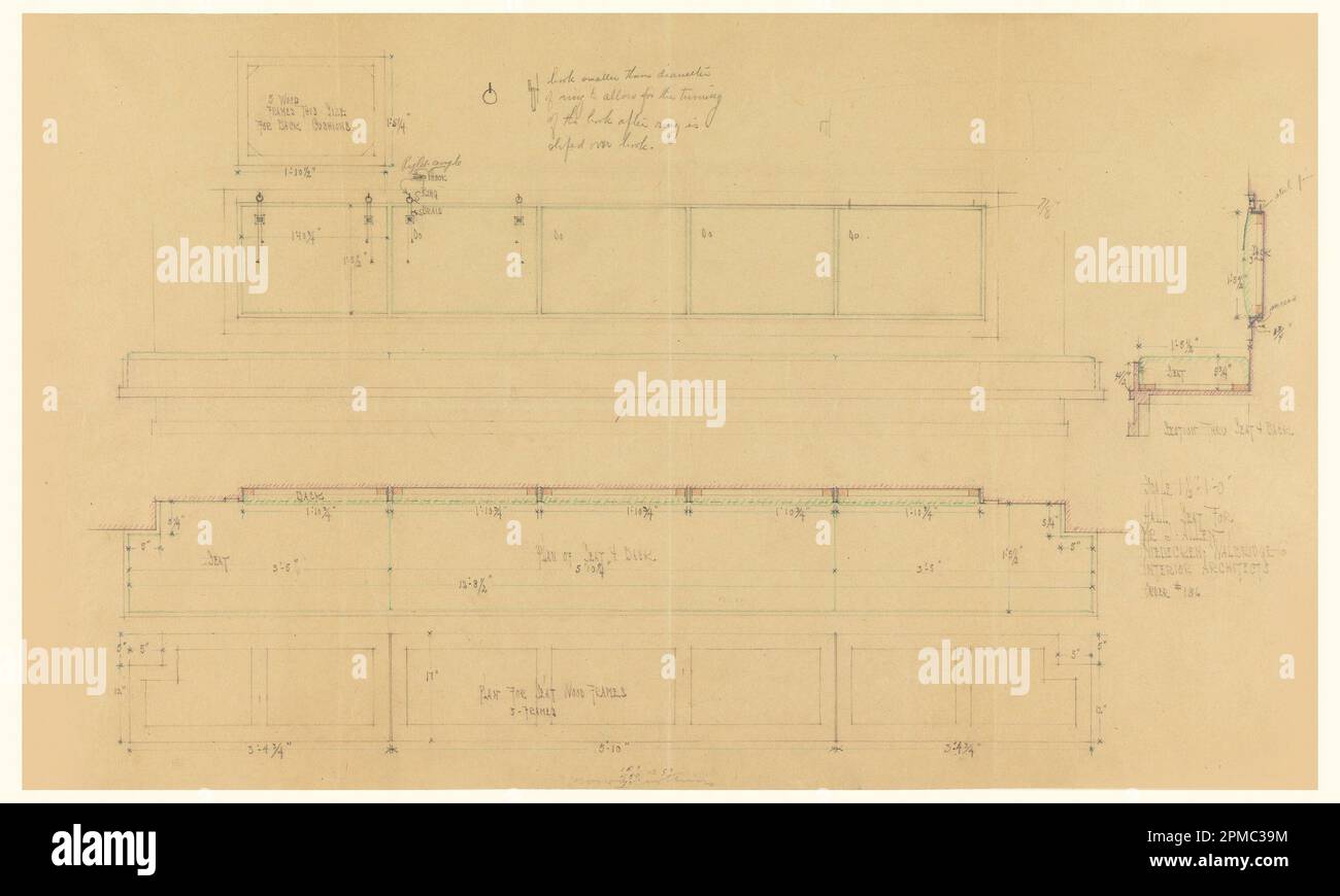 Disegno, Hall Seat, Henry J. Allen Residence, Wichita, Kansas; disegnato da George Mann Niedecken (1878–1945); architetto: Frank Lloyd Wright (americano, 1867–1959); cliente: Henry J. Allen, Elsie J. Nuzman (Sig.ra Henry J.) Allen; USA; grafite, matita colorata su carta di colore marrone chiaro; 39 x 65 cm (15 3/8 x 25 9/16 pollici) Foto Stock