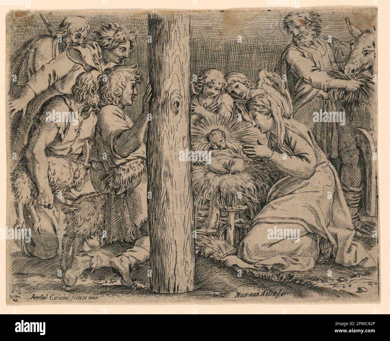 Stampa, l'Adorazione dei Pastori, dopo il 1609; Print Maker: Nicolaus van Aelst (fiammingo, ca. 1527 - 1613); dopo Annibale Carracci (italiano, 1560-1609); Italia; incisione su carta; 10,6 x 13,6 cm (4 3/16 x 5 3/8 in.); Bequest di George Campbell Cooper; 1896-3-109 Foto Stock