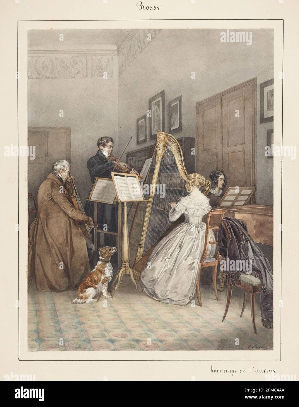 Disegno, il Partito della Musica; L. Rossi (attivo in Germania e Francia, ca. 1850); pennello e acquerello, gouache bianche, grafite su carta bianca in vove; cornice a x L x P: 50,2 x 39,7 x 2,5 cm (19 3/4 x 15 5/8 x 1 pollici) Foglio: 30,8 x 23,6 cm (12 1/8 x 9 5/16 poll.); Collezione di scongelamento; 2007-27-46 Foto Stock