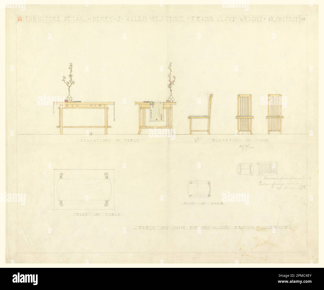 Disegno, tavolo e sedia per la signora Allen's Boudoir, Henry J. Allen Residence, Wichita, Kansas; architetto: Frank Lloyd Wright (americano, 1867–1959); cliente: Henry J. Allen, Elsie J. Nuzman (signora Henry J.) Allen; USA; grafite, matita colorata su carta da ricalco color crema; 36,9 x 44,9cm (14 1/2 x 17 11/16in.) Foto Stock