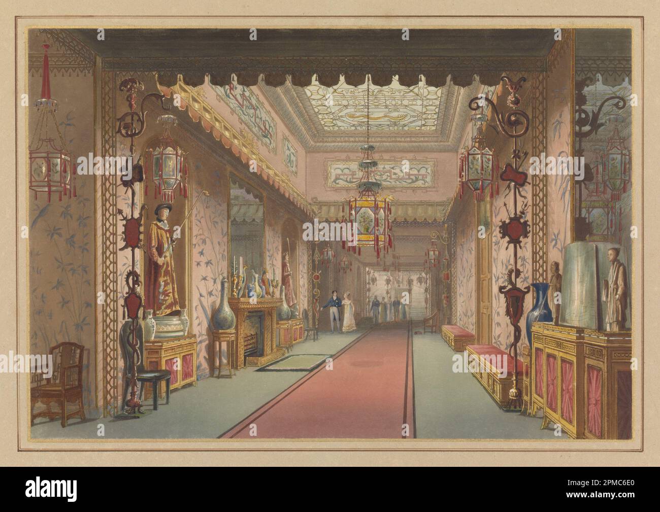 Bound Print, Galleria Cinese com'era, lastra XV nelle illustrazioni del Palazzo di sua Maestà a Brighton...stampato da T. Sutherland, Frederic Lewis, Robert Havel Jr. E M. Dubourg. Pubblicato da J. B. Nichols and Son, Londra, Inghilterra, 1838.; disegnato da John Nash (1752 – 1835); Inghilterra; incisione e acquatint, pennello e acquerello, stampa di lettere su carta bianca di wove montata su pesante tavola marrone chiaro, linee a righe a colori e vernice d'oro; 20,7 x 30,1 cm (8 1/8 x 11 7/8 pollici) Foto Stock