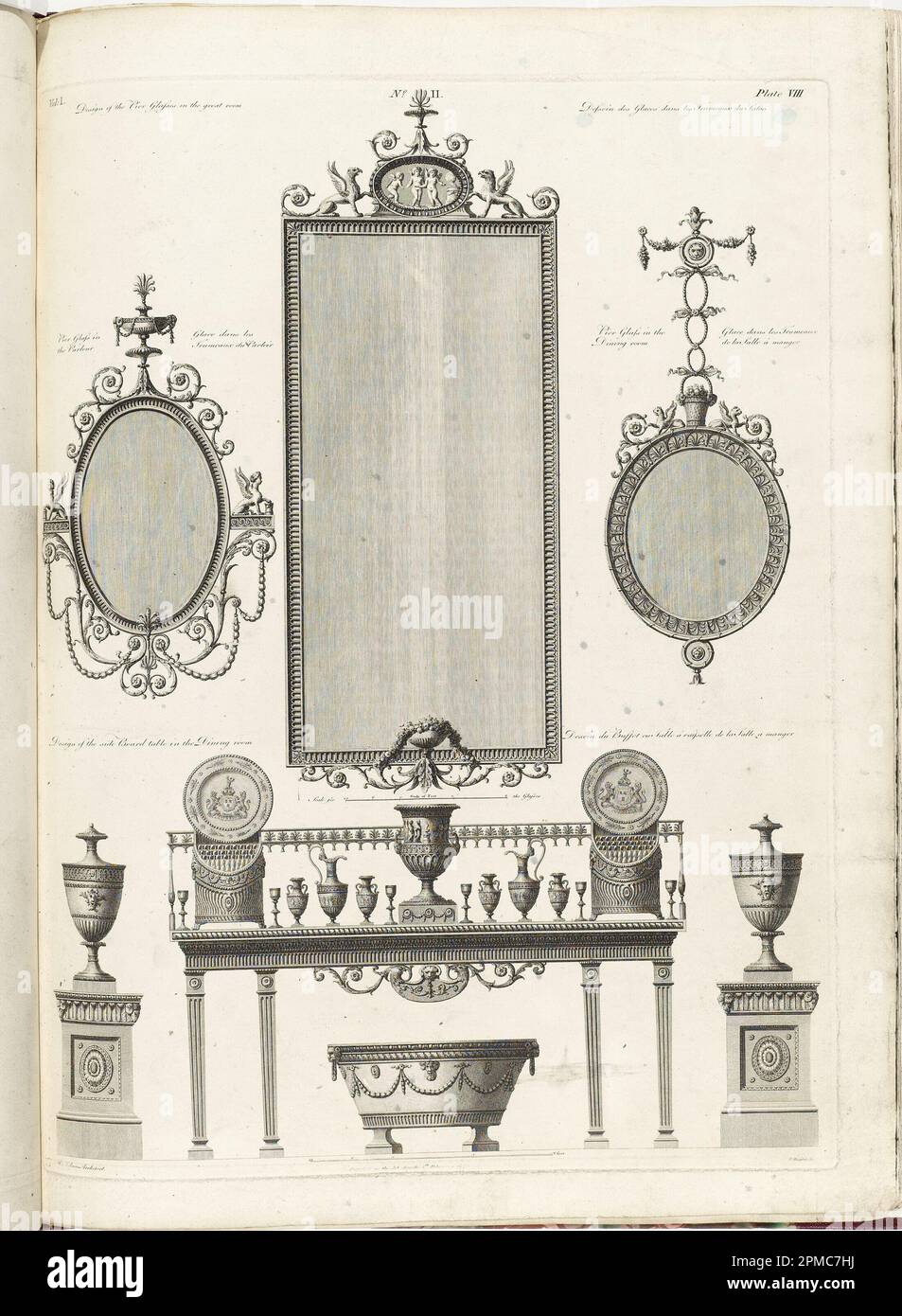 Bound Print, disegni per i bicchieri da molo della Grande Sala e tavolo da banchina nella Sala da pranzo, Plate VIII, in opere di architettura di Robert e James Adam, Vol. I, 1st Edition; progettato da James Adam (scozzese, 1732–1794), Robert Adam (inglese, 1728–1792); Inghilterra; Incisione su carta; foglio: 66,5 x 47,3 cm (26 3/16 x 18 5/8 pollici) Platemark: 59 x 44 cm (23 1/4 x 17 5/16 pollici); 1981-36-1-17 Foto Stock