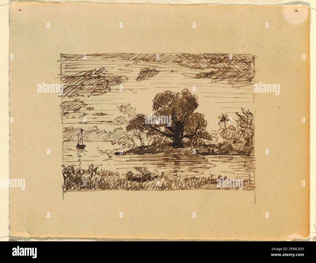 Disegno, paesaggio immaginario del fiume; Chiesa di Frederic Edwin (americana, 1826–1900); attribuita a Thomas Cole (1801–1848); USA; supporto penna e inchiostro marrone scuro: Carta sbiadita biancastra scolorita; 8,4 x 11,1 cm (3 5/16 x 4 3/8 pollici) 3 5/16 x 4 3/8 poll. Tappetino: 40,6 x 55,9 cm (16 x 22 pollici) Foto Stock