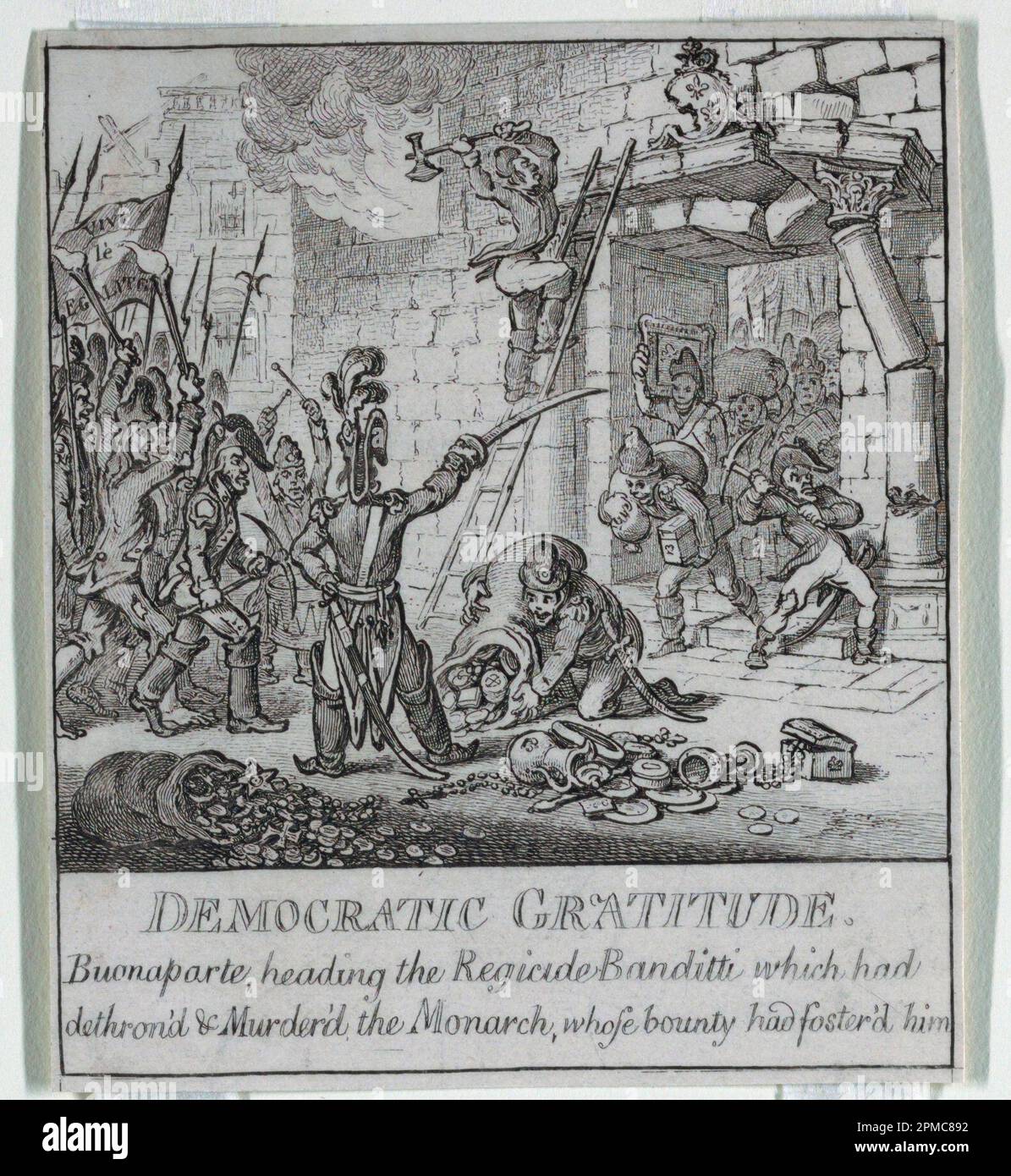 Stampa, 'democrazia, o uno schizzo o; James Gillray (1756 – 1815); pubblicato da Heidi Humphrey; Dedicatee: Napoleon Bonaparte (1769 – 1821); Inghilterra; supporto per incisione: Carta bianca in vove su carta beige; 13 x 11,2 cm (5 1/8 x 4 7/16 pollici) Tappetino: 40,6 x 55,9 cm (16 x 22 pollici) Foto Stock