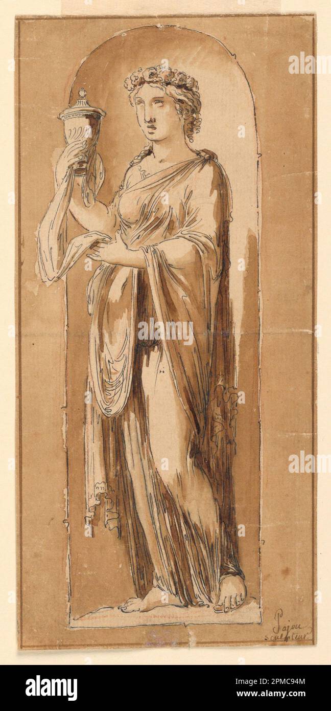 Disegno, disegno per una scultura in nicchia; progettato da Augustin Pajou (1730–1809); Francia; penna e inchiostro, sbavatura con lavaggi marroni, grafite, pastello nero su carta; 20,4 x 9,8 cm (8 1/16 x 3 7/8 pollici) Foto Stock