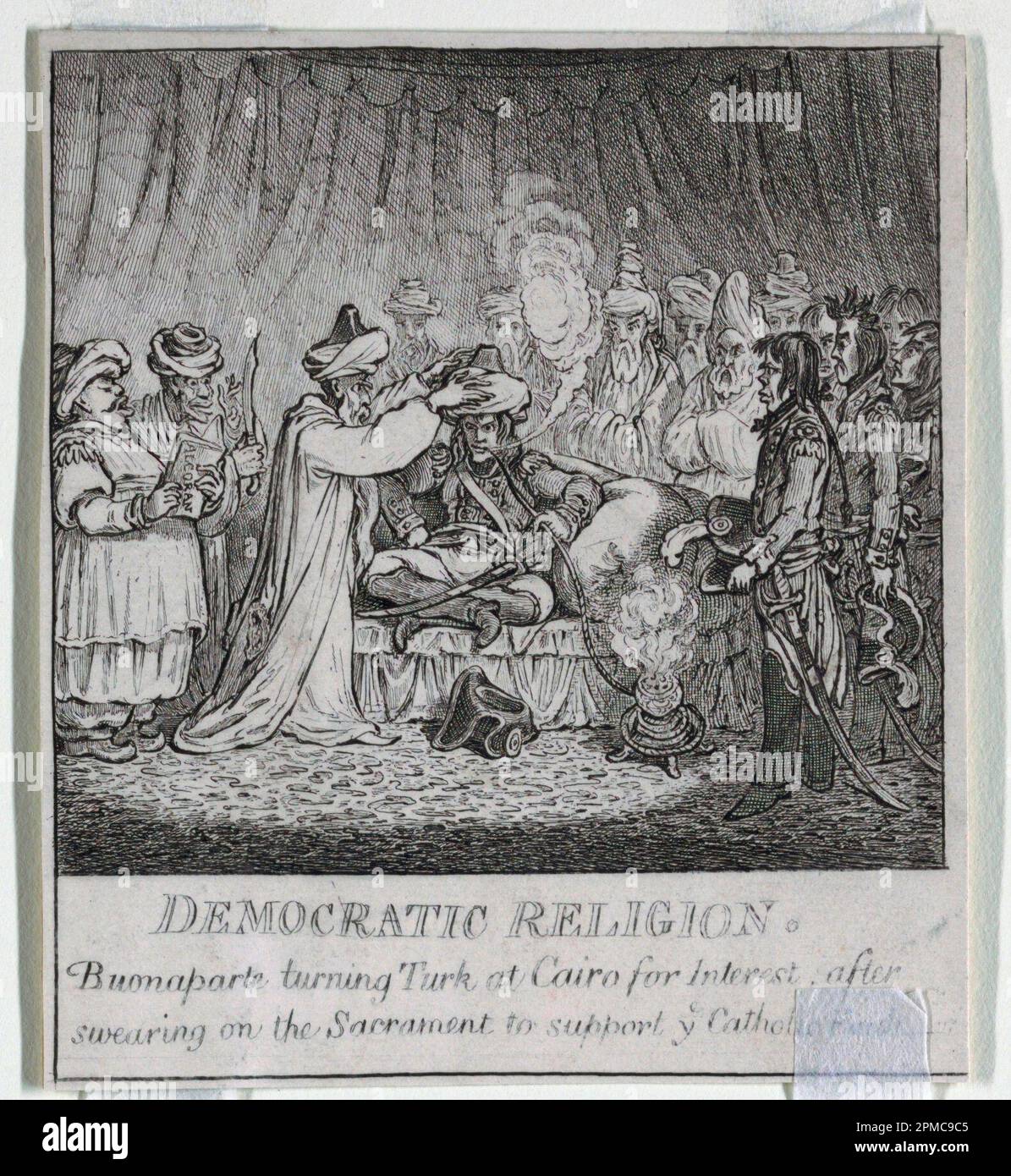Stampa, 'democrazia, o uno schizzo o; James Gillray (1756 – 1815); pubblicato da Heidi Humphrey; Dedicatee: Napoleon Bonaparte (1769 – 1821); Inghilterra; supporto per incisione: Carta bianca in vove su carta beige; 12,9 x 11,2 cm (5 1/16 x 4 7/16 pollici) Tappetino: 40,6 x 55,9 cm (16 x 22 pollici) Foto Stock