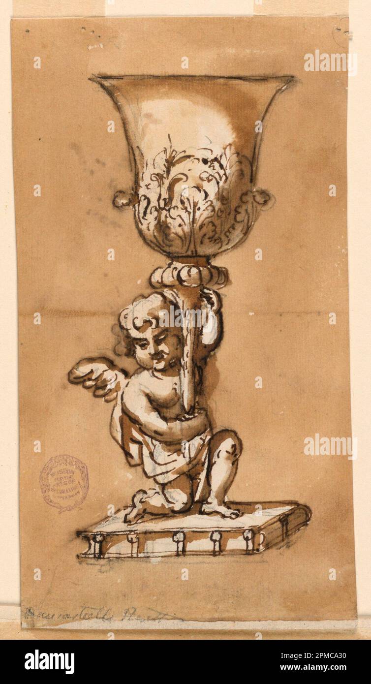 Disegno, Calice; architetto: Giuseppe Barberi (italiano, 1746–1809); Italia; inchiostro nero e marrone, pennello e lavaggio marrone, grafite su carta steso biancastra, foderata; immagine: 19,7 x 10,9 cm (7 3/4 x 4 5/16 in.) Foto Stock