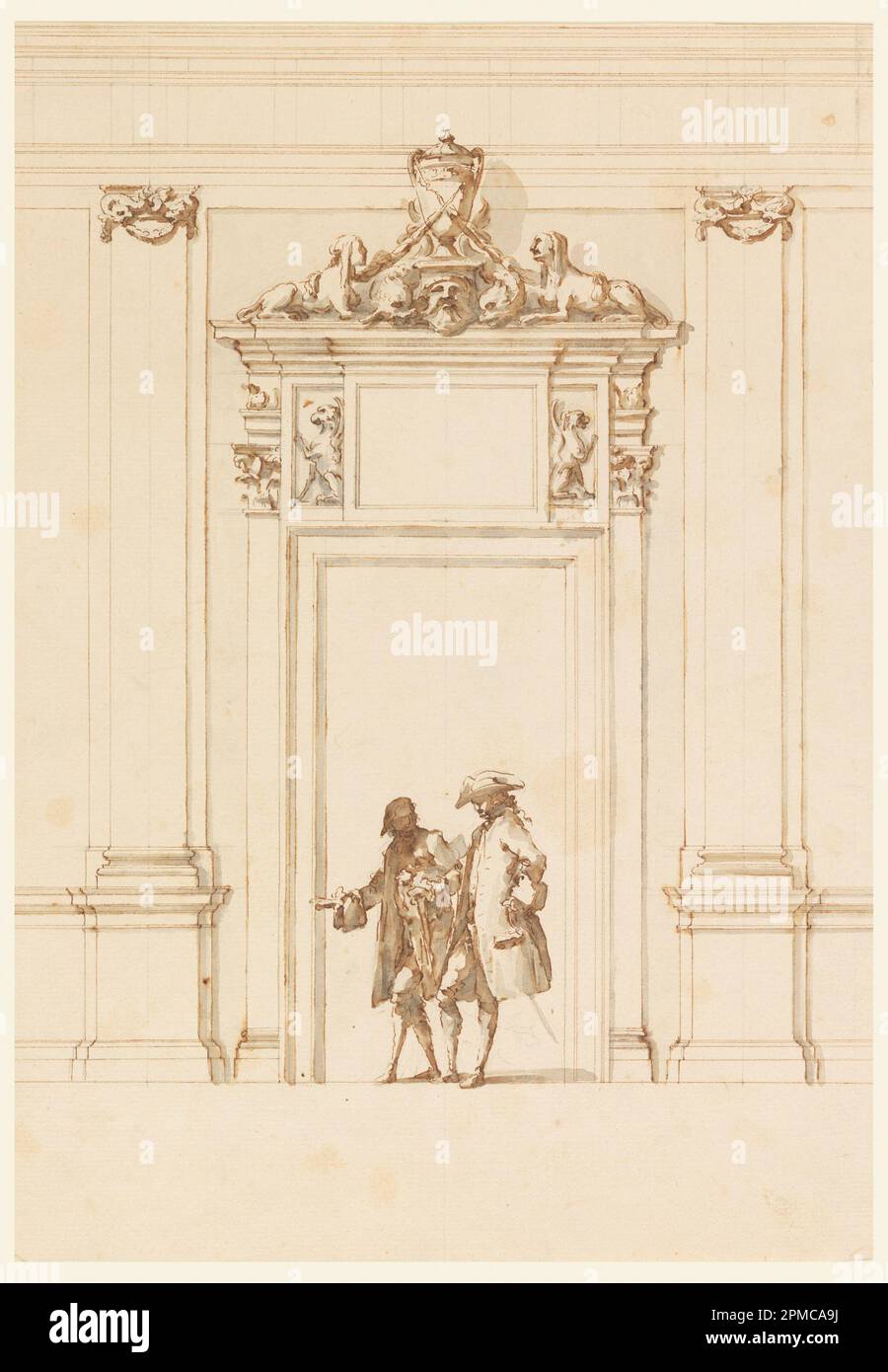 Disegno, Design per il Portale Nord, Grand Gallery, Villa Albani, Roma, Italia; Progettato da Carlo Marchionni (italiano, 1702–1786); Italia; inchiostro nero e marrone, pennello e marrone, lavaggio grigio, grafite su carta crema; 34,6 x 24,3 cm (13 5/8 x 9 9/16 pollici) Foto Stock