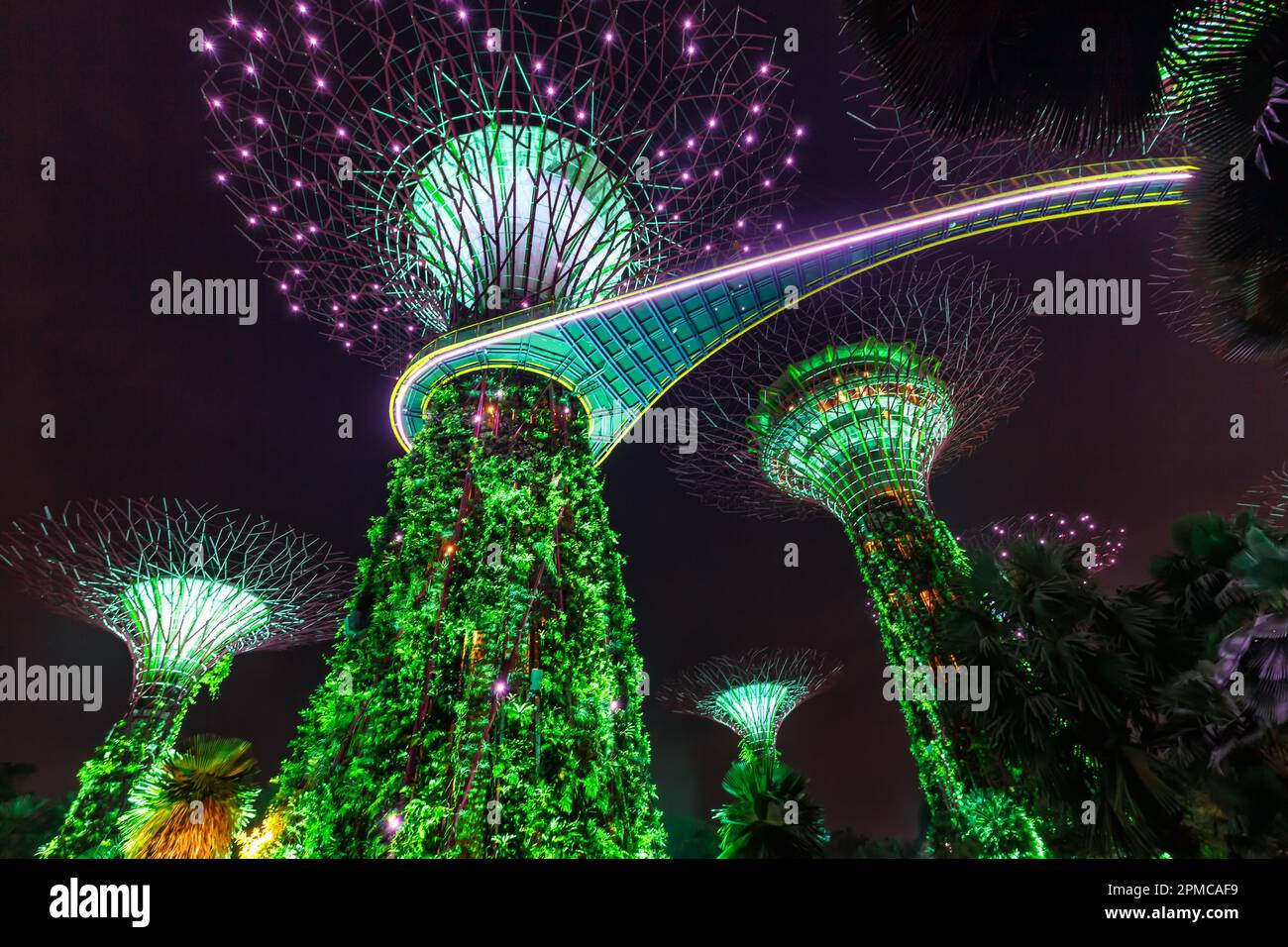 Gardens by the Bay con il punto di riferimento di Supertrees al crepuscolo a Singapore Foto Stock