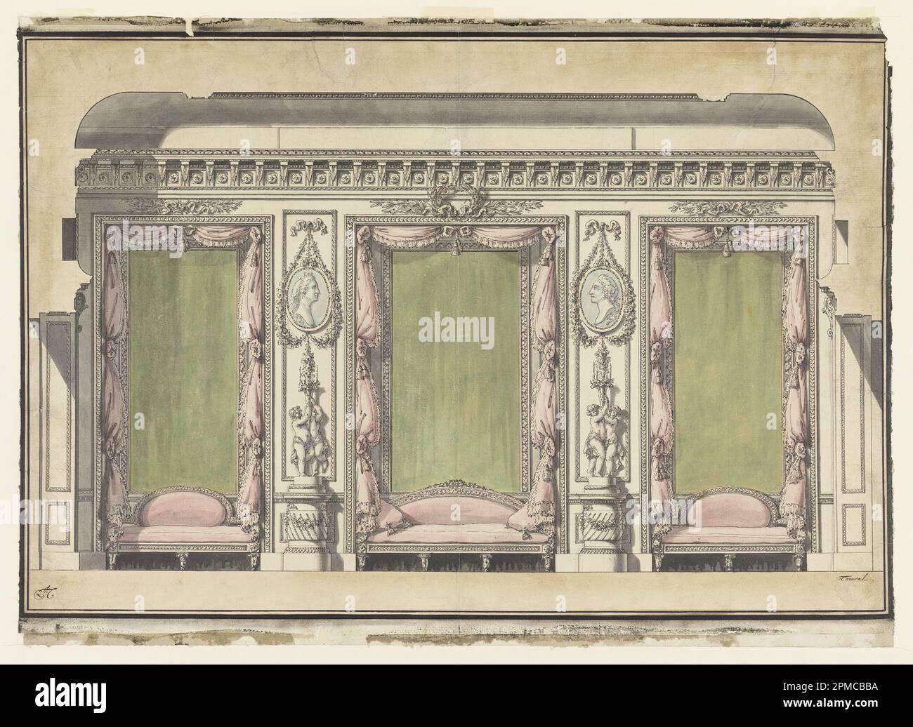 Disegno, elevazione parete per anticamera o salone; architetto: Louis-Gustave Taraval (francese, 1738 – 1794); Francia; inchiostro nero e penna, pennello e acquerello, gesso nero su carta posata; 45,5 x 63,2 cm (17 15/16 x 24 7/8 pollici) Foto Stock