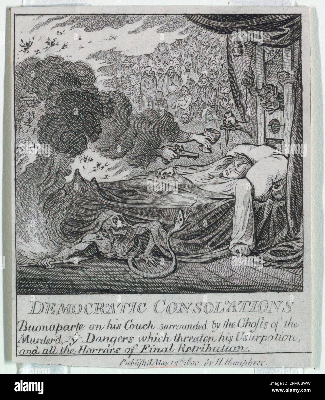 Stampa, 'democrazia, o uno schizzo o; James Gillray (1756 – 1815); pubblicato da Heidi Humphrey; Dedicatee: Napoleon Bonaparte (1769 – 1821); Inghilterra; supporto per incisione: Carta bianca in vove su carta beige; 12,9 x 11,2 cm (5 1/16 x 4 7/16 pollici) Tappetino: 40,6 x 55,9 cm (16 x 22 pollici) Foto Stock